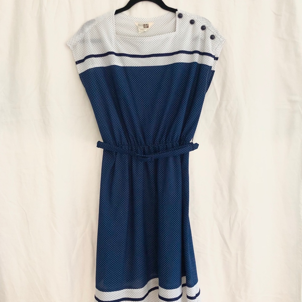 VINTAGE Sears Blue White Sailor Polka Dot Dress